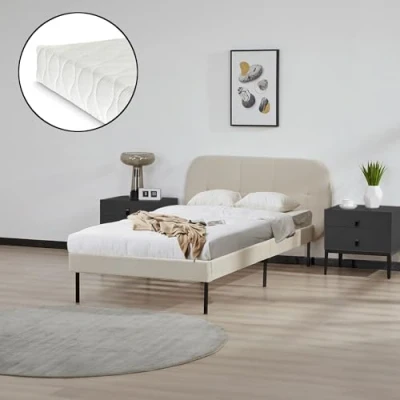 Afbeelding van Gestoffeerd bed Porvoo met bedbodem en matras 90x200 cm beige [en.casa]