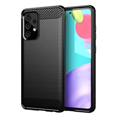 Afbeelding van Cadorabo Hoesje geschikt voor Samsung Galaxy A52 (4G / 5G) A52s in Brushed Zwart Beschermhoes van flexibel TPU siliconen roestvrij staal carbonvezel look Case Cover