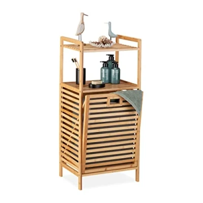Afbeelding van Relaxdays badkamerrek met wasmand bamboe rek stoffen wasbox 2 planken waszak grijs