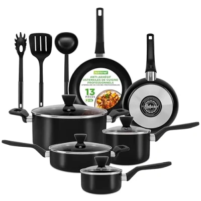 Afbeelding van NutriChef Pannenset 13 delige Antiaanbak Kookgerei Hittebestendige Keukenset Steelpan Koekenpannen Kookpotten Casserole Deksels Pollepel,Vork en Zeef Zwart