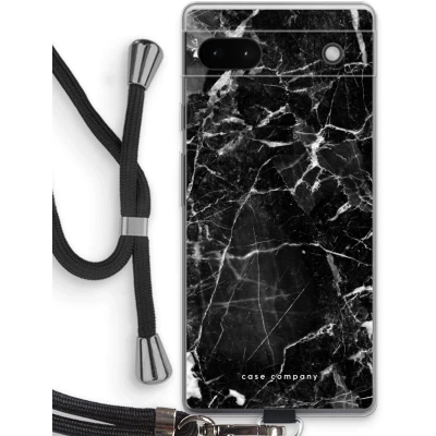 Afbeelding van Case Company® hoesje met Koord geschikt voor Google Pixel 6a Zwart Marmer Telefoonhoesje Bescherming aan alle Kanten en Over de Schermrand