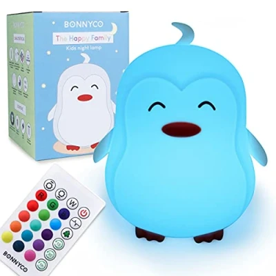 Image de Veilleuse Enfant avec Télécommande, Contrôle Tactile 16 Couleurs BONNYCO Pingouin Bébé Minuterie Lampe Led Sans BPA Rechargeable Cadeau Bebe Fille