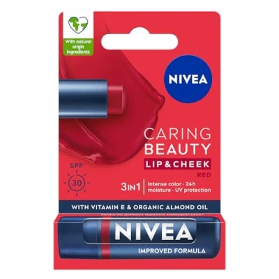 Afbeelding van NIVEA Caring Beauty 3 in 1 lippenstift, lippenverzorging, rood, 4,8 g