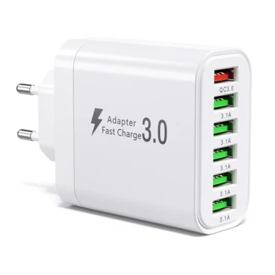 Afbeelding van 50 W USB oplader, multi 6 poorten met QC 3.0 snellader, wandcontactdoos compatibel iPhone 11/12/13/14/15/16/SE/XS/XR/Samsung Galaxy