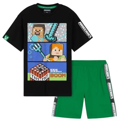Afbeelding van Minecraft Katoenen korte pyjama, T shirt en shorts set voor jongens, Zwart/Groen