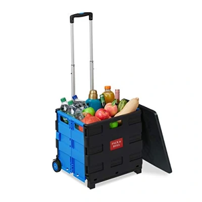 Afbeelding van Relaxdays boodschappentrolley inklapbaar vouwkrat met wielen trolley boodschappenkar blauw