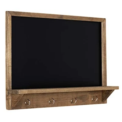 Afbeelding van Navaris houten krijtbord met haken 45 x 60 cm omrand plankrand en 4 metalen Ingelijst schoolbord voor muur, hal, keuken