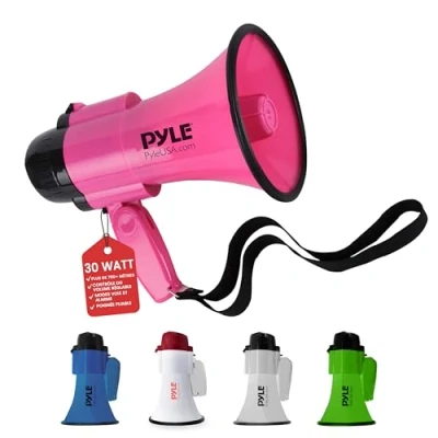 Afbeelding van Pyle Draagbare megafoon luidspreker met sirene, compacte en batterijgevoede vermogen van 30 W, microfoon, 2 modi, geluidsinstallatie inklapbare handgreep