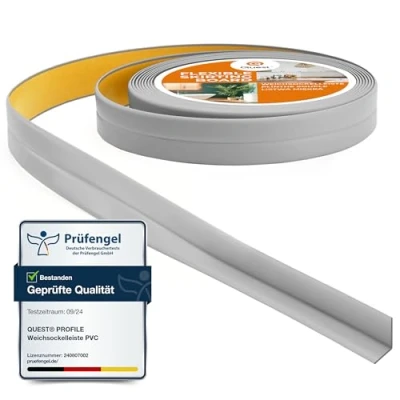 Afbeelding van Quest Zachte plint, zelfklevend, voor keuken, badkamer, flexibele en dichte decoratieve PVC afdichtingstape, 10 mm x mm, 5 m, grijs