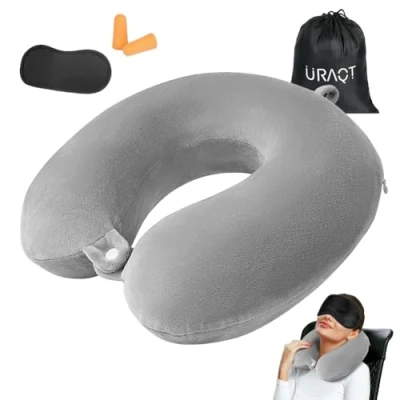 Afbeelding van URAQT Reiskussen van traagschuim, 100% puur in U vorm, ultralicht en compact, reiskussen, met slaapmasker, oordopjes, tas, voor camping, auto, grijs, grijs., Medium