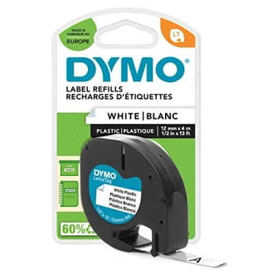 Afbeelding van DYMO Tape voor etiketteerapparaat LetraTag, kunststof, 12 mm x 4 m, zwart op witte achtergrond