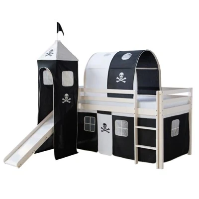 Image de Lit Simple Blanc 90x200 en hauteur avec echelle et rideau Tunnel Tour Pirate toboggan