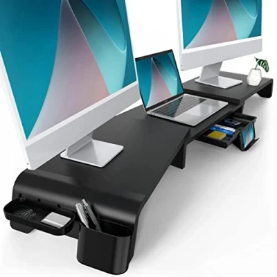 Afbeelding van Fenge Houten monitorverhoger, verstelbare monitorhouder, laptophouder, pc, tv, printer voor 2 monitoren met opberglade belasting 25 kg, 75 119 x 23,5 8,9 cm