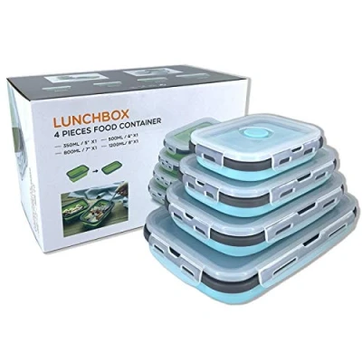 Afbeelding van Set van 4 opvouwbare siliconen voedselcontainers met deksel voor buiten picknick compact, magnetronbestendig, vaatwasser en vriezer (blauw grijs)