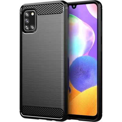 Afbeelding van Cadorabo Hoesje geschikt voor Samsung Galaxy A31 in Brushed Zwart Beschermhoes van flexibel TPU siliconen roestvrij staal carbonvezel look Case Cover