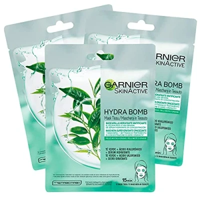 Afbeelding van 3 x Garnier SkinActive Hydra Bomb gezichtsmasker van hydraterende en ondoorzichtige stof met groen hyaluronzuur
