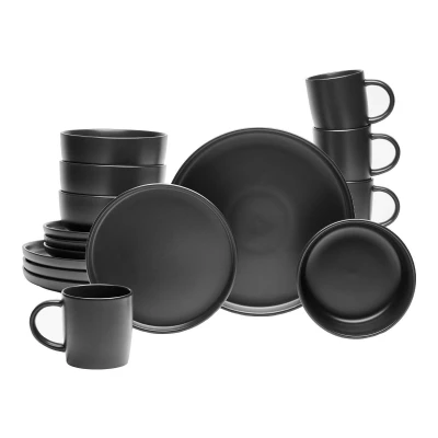 Afbeelding van VAN WELL Nero Premium tafelservies in mat zwart elegant voor 4 personen, mueslikommen, presentatieborden, schoteltjes, kopjes, vaatwasser en magnetronbestendig