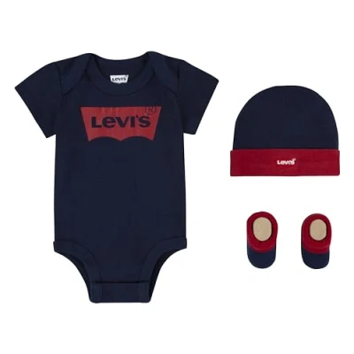 Image de Levi&#039;s Bébé garçon Baby and Toddler Layette Set Classic Batwing Infant Hat Bodysuit Bootie 3pc, Dress Blues, 0 6 mois
