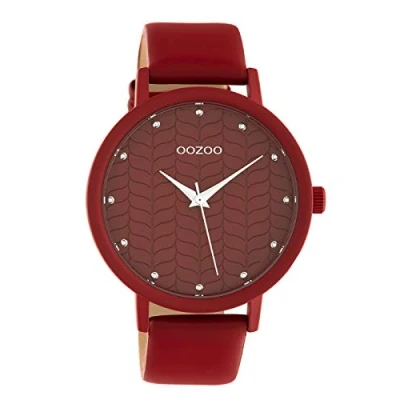 Afbeelding van Oozoo Dameshorloge met Color Line leren band bloemenpatroon op de wijzerplaat 45 mm, C10656 Rood/Rood, bandjes, Riemen