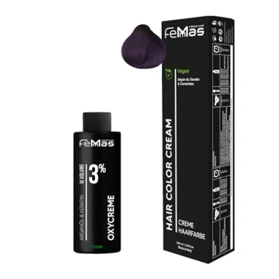 Afbeelding van Femmas permanente haarkleurset Violet I Hair Color Cream 100 ml + oxycreme 3% haarkleur ontwikkelaar zacht en duurzaam Salon haarverf voor de