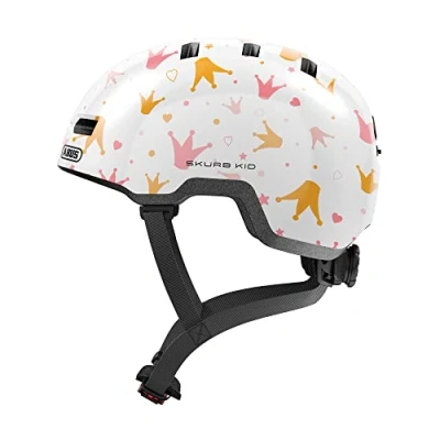 Afbeelding van ABUS Skurb Kid kinderhelm, robuuste fietshelm in skater look met ruimte voor een vlecht en verschillende designs, meisjes jongens, wit kroonpatroon, maat S