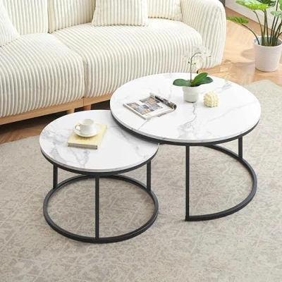 Afbeelding van Ginhow Salontafel marmerlook bijzettafel woonkamer Ø 80 + 60 cm grote ronde tafel MDF wit marmer look zwart stalen frame