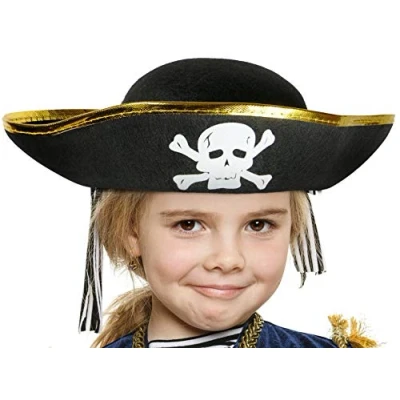 Afbeelding van Zwarte piratenhoed met gouden rand en doodshoofd voor kinderen, kostuumaccessoire meisjes jongens Mardi Gras/Carnaval