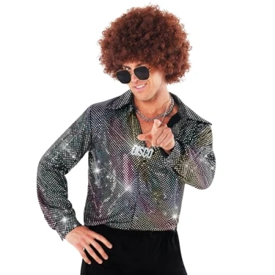 Afbeelding van Morph Disco overhemd voor heren, discohemd, paillettenhemd discokostuum discokostuum, jaren 80 carnavalskostuum, XL