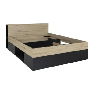 Afbeelding van Vente unique Bed 140 x 190 cm 3 lades en 6 nissen Naturel zwart CIKETO L 217 H 77 D 145