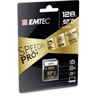 Afbeelding van EMTEC SDXC kaart UHS II U3 V90 SpeedIN Pro+ ECMSD128GUHS2V90 Geheugenkaart Foto&#039;s in Burst, Full HD, 3D, 4K, 8K UHD Opslagcapaciteit 128GB, 128GB 2 rijen pinnen op de achterkant Zwart/Goud