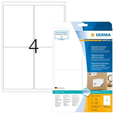 Afbeelding van HERMA Special Papier mat verplaatsbare zelf klevende laag wit 99.1 x 139 mm 100 etiket(ten) (25 vel(len) 4) adresetiketten