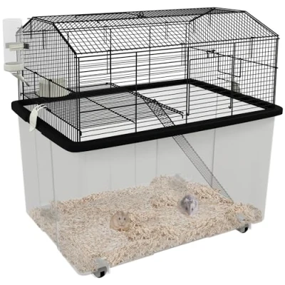 Afbeelding van PawHut Kooi voor hamsters en knaagdieren, 2 etages met wielen, platform ladder, van staaldraad, 57 x 43 cm, zwart