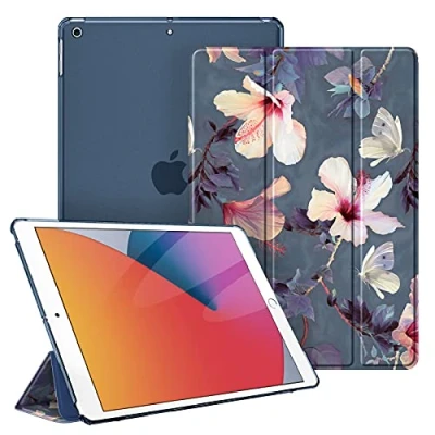 Afbeelding van FINTIE Beschermhoes compatibel met iPad 10,2 inch 9e generatie 2021/iPad 8e 2020/iPad 7e 2019 Dunne lichte hoes achterkant transparante matte beschermhoes, bloem hibiscus