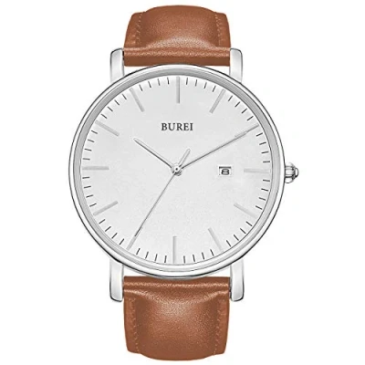 Afbeelding van BUREI heren minimalistisch horloge moderne stijlvolle datum met klassiek eenvoudig groot gezicht en zachte bruine lederen band