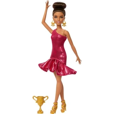 Afbeelding van Barbie Ballerina, bruinharige pop met rode jurk ruches, dansschoenen en trofee accessoires inbegrepen, speelgoed voor kinderen, 3+ jaar, JFR09