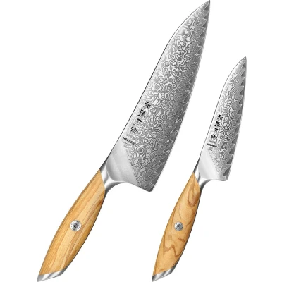 Afbeelding van Hezhen X01 Flagship Series Professionele Messenset (2 delig) Damascus staal (73 laags met poederstalen kern van 14Cr14MoVNb) Olijfhout Vlijmscherpe damastmessen Inclusief mooie geschenkdoos