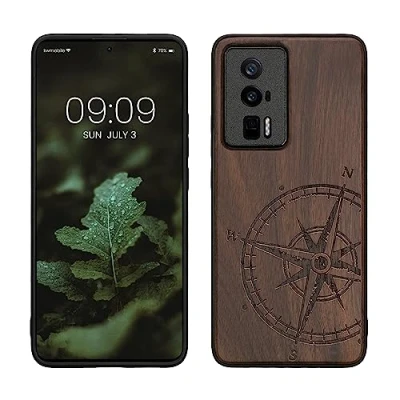 Afbeelding van kwmobile telefoonhoesje geschikt voorXiaomi Poco F5 Pro 5G Hoesje met bumper walnoothout In donkerbruin Vintage Kompas design