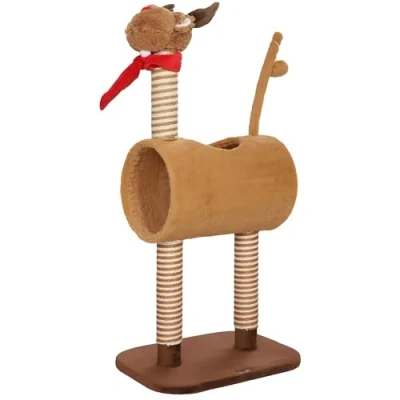 Afbeelding van PawHut arbre à chat en forme de cerf, 98 cm, avec grotte, balle jeu, troncs jute, griffoir, d&#039;escalade, pour chats taille moyenne, marron