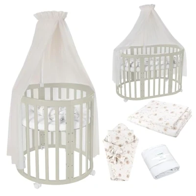 Afbeelding van Waldin OWAL Baby bed 7 in 1, met matras, aankleedkast, ovaal babybed matras en wielen, olijfhout, stof, paardenbloem, champagne