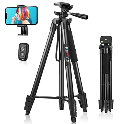 Afbeelding van JOILCAN Telefoonstatief voor iPhone, 161 cm, uitschuifbare aluminium standaard mobiele telefoon met draadloze externe sluiter, lichtgewicht selfiestickstatief smartphone/kleine camera, Android/iOS