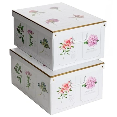 Image de Kanguru Lot de 2 boîtes rangement en carton, avec couvercle, pour ranger, fleurs, 39x50x24 cm SWEET HOME