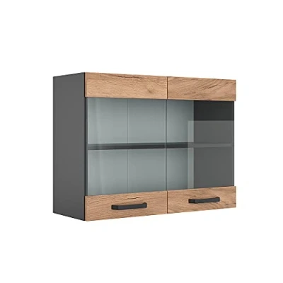 Afbeelding van Vicco Glazen keukenkast R Line, Krachtige eik goud/Antraciet, 80 cm