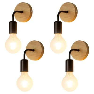 Afbeelding van Comely Industriële wandlamp van hout en ijzer, set 4, zwart, 10 x 11,5 17 cm, E27, zonder lamp
