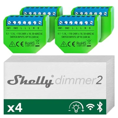 Afbeelding van Shelly Dimmer 2 lichtdimmer module met wifi gloeilamp, halogeen, dimbare led 10 220 W neutraal compatibel Alexa en Google Home iOS Android App (4 stuks)