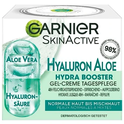 Image de Garnier soin hydratant 3 en 1 pour une peau ferme et éclatante, comme de jour, crème nuit ou masque le visage, à l&#039;acide hyaluronique l&#039;aloe vera, Skin Active, 50 ml
