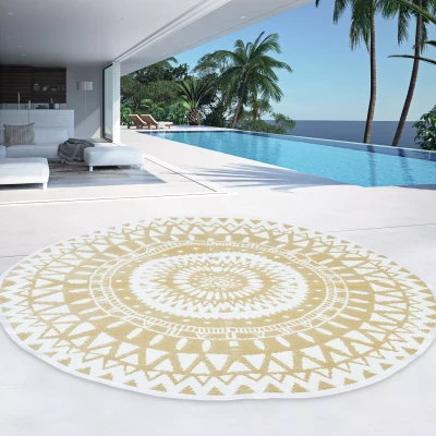 Afbeelding van IDMarket Buitentapijt, rond, natuurlijk en wit, diameter 150 cm
