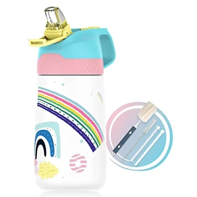 Afbeelding van 350 ml drinkfles voor kinderen, roestvrij staal, geïsoleerde waterfles, BPA vrij, thermosfles, kinderfles met rietje, licht patroon