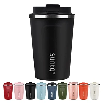 Afbeelding van SUNTQ Roestvrijstalen koffiemok om mee te nemen, lekvrij, met deksel, herbruikbare koffiemok, thermobeker voor onderweg, milieuvriendelijk, zwart, 380 ml
