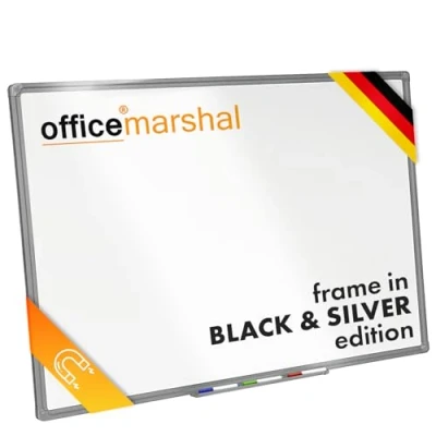Afbeelding van OfficeMarshal l Magnetisch whiteboard 60 x 90 cm met zilverkleurig aluminium frame penhouder magneetbord droog afwisbaar (zilveren frame)