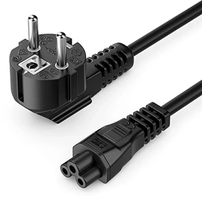 Afbeelding van deleyCON 5 m netsnoer stroomkabel geaard contact stekker type F (CEE 7/4) hoek 90 met IEC C5 2,5 ampère koppeling klaverblad voeding laptop zwart